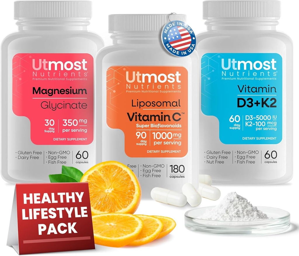 Liposomski vitamin C s super bioflavonoidi 1000MG (180 kapsul), vitamin D3 s K2 5000IU (60 kapsul) in magnezijev glicinat 350MG (60 kapsul) – ne-GMO, gluten-free suppleme