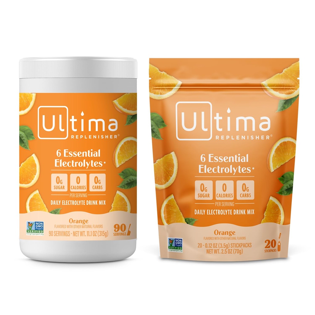 Ultima Replenisher Electrolyte Powder Drink Mix Bundle – Sugar Free – Orange, 90 Serving Canister in 20 Stickpacks – 6 Elektroliti in minerali – Keto prijazno, Vegan, Non-GMO
