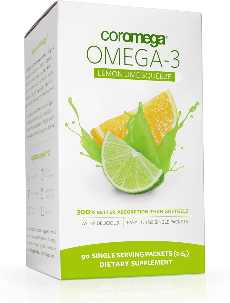 Coromega Omega 3 ribje olje dodatek, 650mg Omega-3s s 3X boljšo absorpcijo kot softgels, limonina limonina aroma, 90 eno servo Stisnite Packe