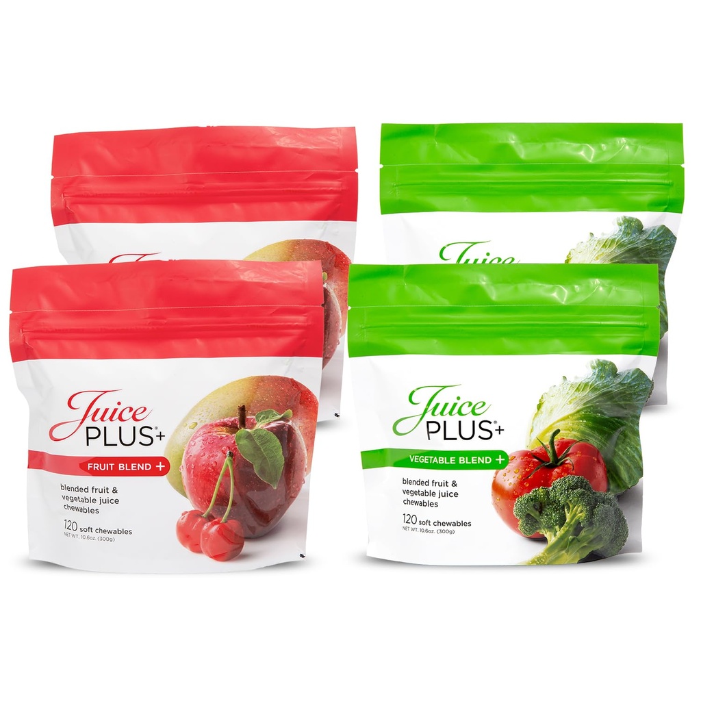 JuicePlus+ Sadje in zelenjava Soft Chews - Okusno vegansko sadje, Veggie Gummy Vitamini za odrasle in otroke - 4 Mesec dobave 4 paketi (2 od vsakega okusa)