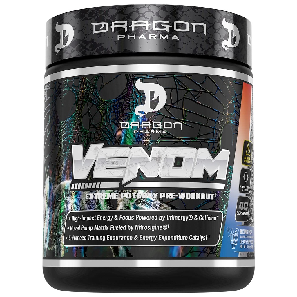 DRAGON PHARMA Venom Extreme Potency Pre-World, Laser Sharp Focus + Energija, intenzivna zmogljivost, Dokazane sestavine za izboljšano vazodilatacijo in vzdržljivost (40 Serving, Bomb Pop)