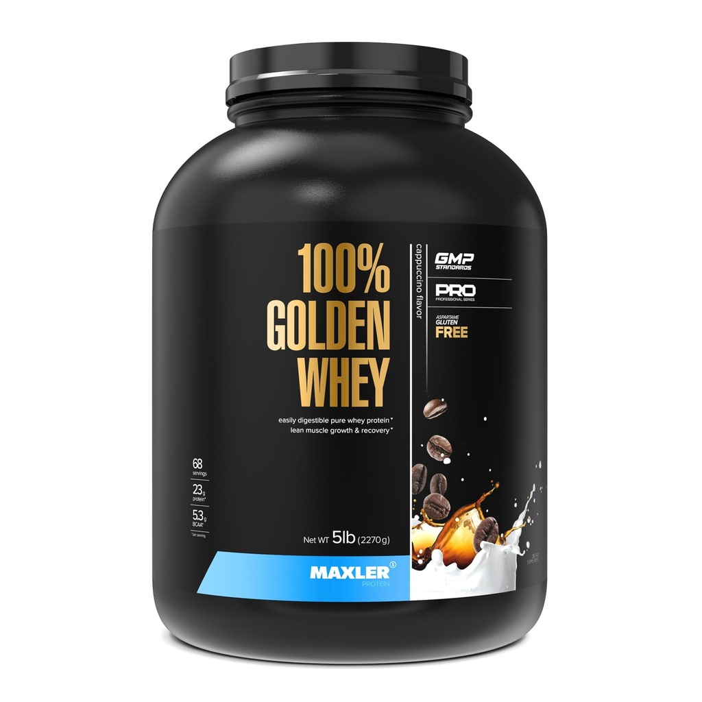 Maxler 100% Golden Whey Protein - 23g beljakovin na serviranje - Premium Whey Protein Powder for Pre Post Workout - hitro absorbira koncentrat sirotke, izolat in hidrolizatna mešanica - Cappuccino 5 lb