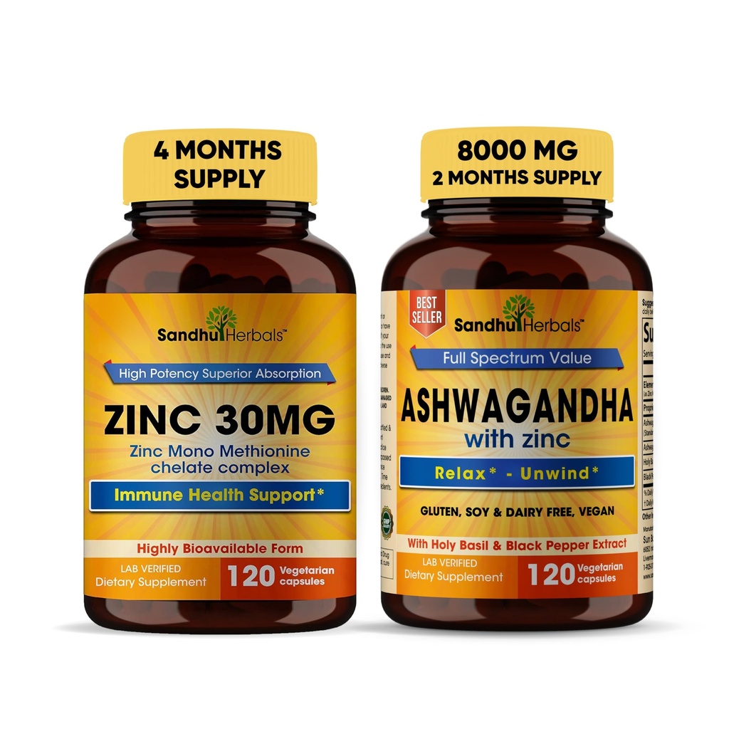 Sandhu Zeliščni cink 30mg dopolnilo in organski 4 v 1 Ashwagandha kapsule z cinkom