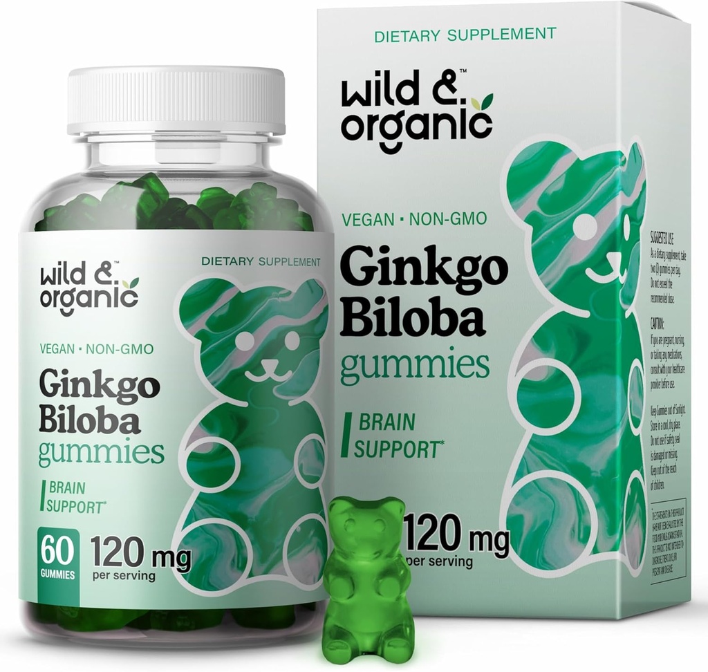 Wild & Organic Gingko Biloba 120mg Gummies - Brain Support and Focus Supplement w/Ginkgo Biloba Extract - Vegan, Non-GMO - 60 Pektin-Based Zeliščni žvečljivi