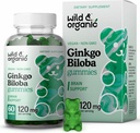 Wild & Organic Gingko Biloba 120mg Gummies - Brain Support and Focus Supplement w/Ginkgo Biloba Extract - Vegan, Non-GMO - 60 Pektin-Based Zeliščni žvečljivi