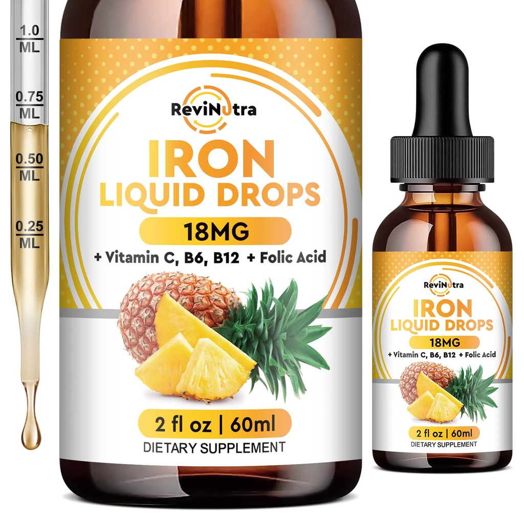 Tekoči železovi dodatki za ženske, moške in otroke, tekoče železove kapljice s folatom, vitamin C, B6, B12 za anemijo, rdeče krvne celice, energijska podpora, Ananasov okus, 2 Fl Oz