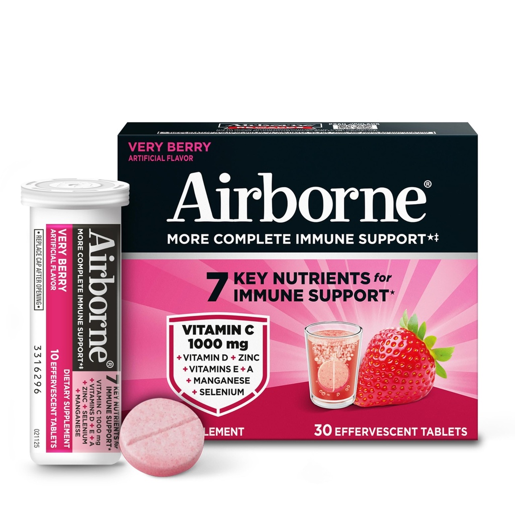 Zračni 1000mg Vitamin C z vitaminom D + Cinkov sladkor brez multivitaminske imunske podpore Šumeče Fizzy Drink tablete, Zelo Berry aroma z močnimi antioksidanti VIT A C & E, 30 tablet