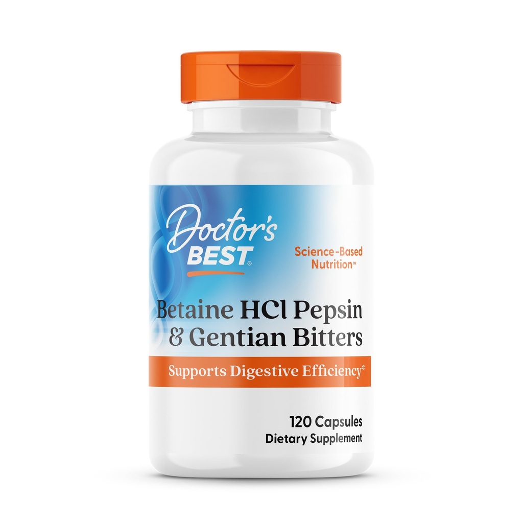 Zdravnikov najboljši Betain HCI Pepsin & Gentian Bitters, Prebavne encime za razgradnjo in absorpcijo beljakovin, Non-GMO, Gluten Free, 120 Caps, Original Version