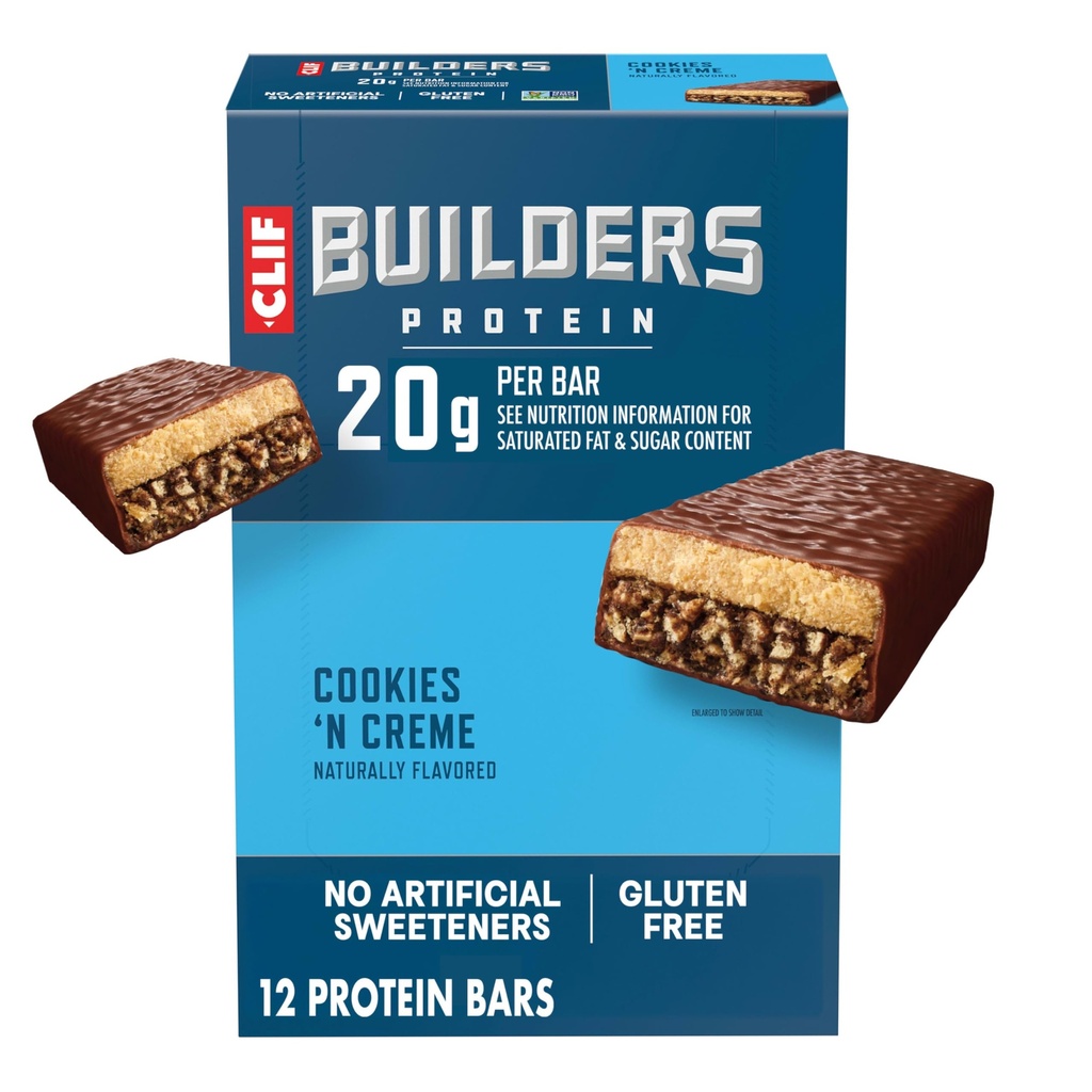 CLIF BULDERS Beljakovinske čokoladice - Piškotki 'n krema aroma - 20g rastlinski proteini - Gluten Free - Ne-GMO - Nizka glikemična - Brez umetnih sladil - 2,4 oz. (12 pakiranje)