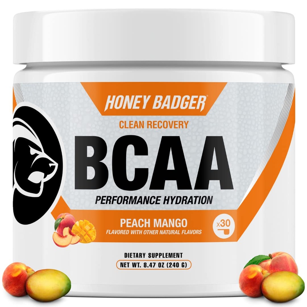Medeni jazbec BCAA + EAA Aminokisline v prahu, BCAA + L-glutamin, Keto, Vegan, Sladkor brez sladkorja za moške in ženske, Hidracija in postworkout Muscle Recovery Mix, Peach Mango, 30 Serving