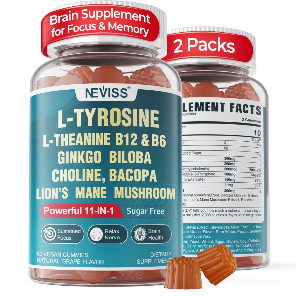 11-IN-1 Možganski dodatek za spomin in fokus z L-tirozin L-teanin, metilirani B12 & B6, levja grivasta goba, Ginkgo Biloba, Bacopa Monnieri, Choline za fokus, Nootropic, Energy, 2Packs