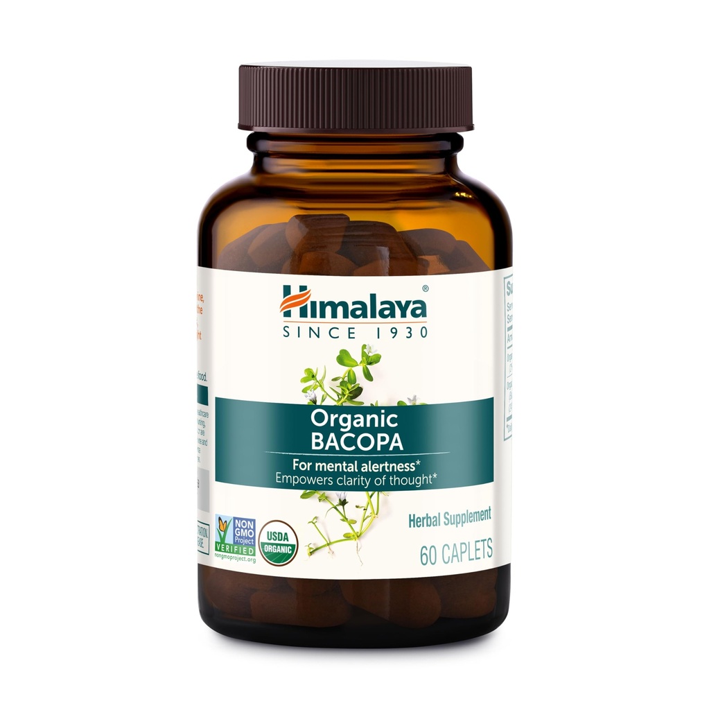 Himalaja Bacopa Monnieri nootropni zeliščni dodatek, Podpira mirno, Spomin, Kognicija, USDA Certified Organic, Non-GMO, 750 mg, 60 Rastlinsko-bazen Caplets, 60 dnevna dobava