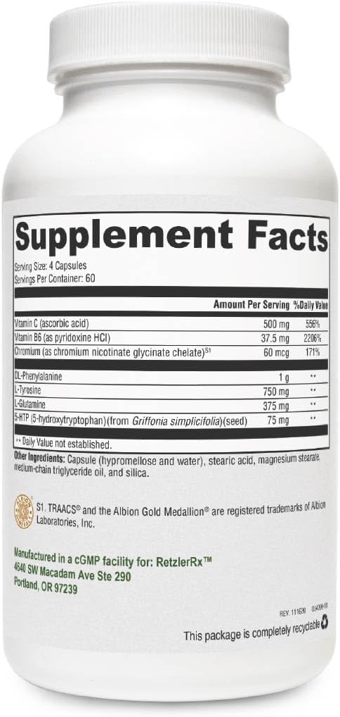 Crave Control by RetzlerRx - Podpora za pomoč Curb Appetite in Combat Cravings - Chromium, DL-fenilalanin, L-glutamin, vitamin B6 + 5-HTP za podporo Mood & Appetite (240 kapsul)