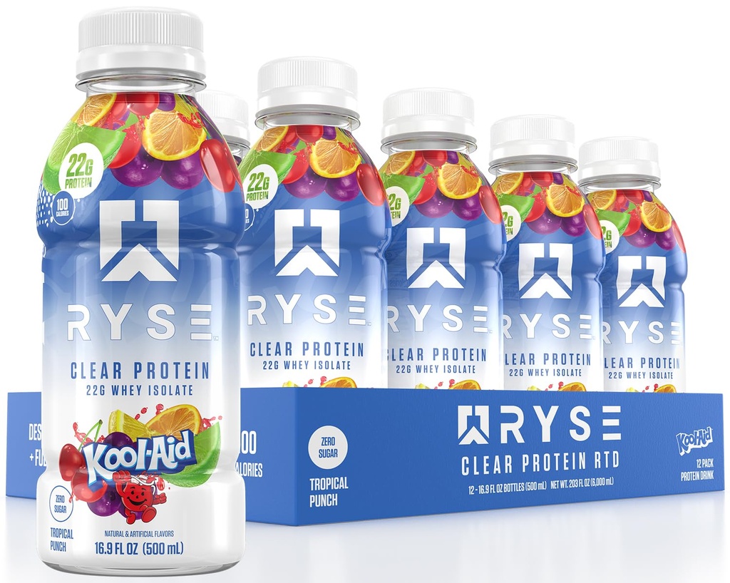 RYSE Clear Protein Drink - Kool-Aid Tropical Punch - 100 kalorij, 22g sirotkinega izolata Protein Shake, Sugar-free, 0g Maščoba in laktoza-free - Osvežitev Pijača - 16,9 fl oz steklenice (12-Pack)