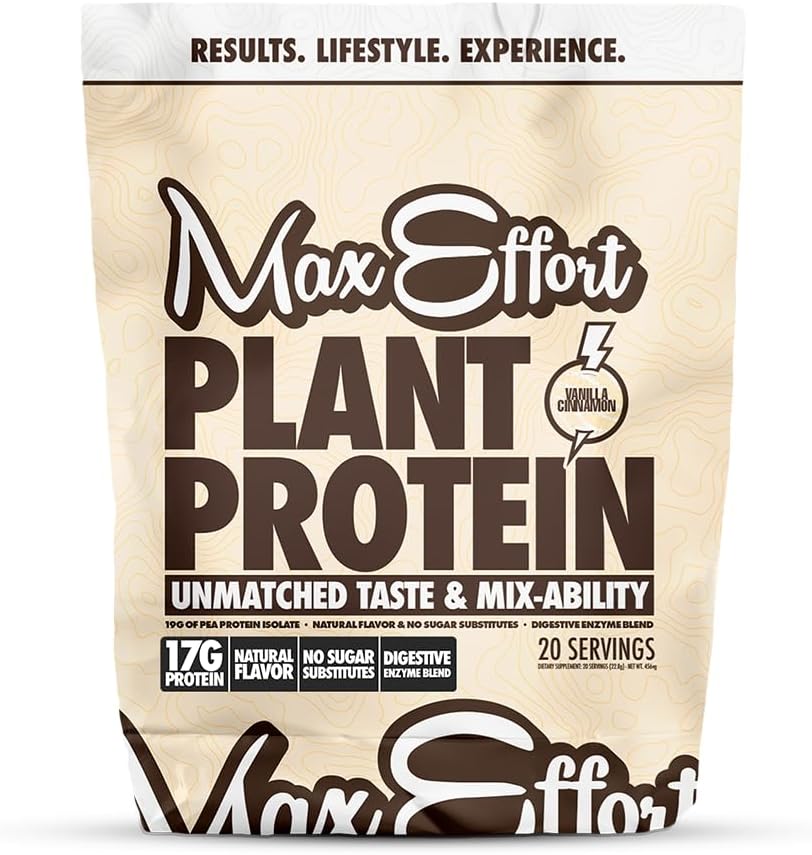 MAX EFFORT Rastlinski proteini v prahu, 17 G Pea proteini, na osnovi rastlin, brez glutena, z nizko vsebnostjo ogljikovih hidratov, shake ali smoothie Mix, obrok zamenjava, brez sirotke, brez sladkornih nadomestkov, vanilija cimet, 20 Srvg