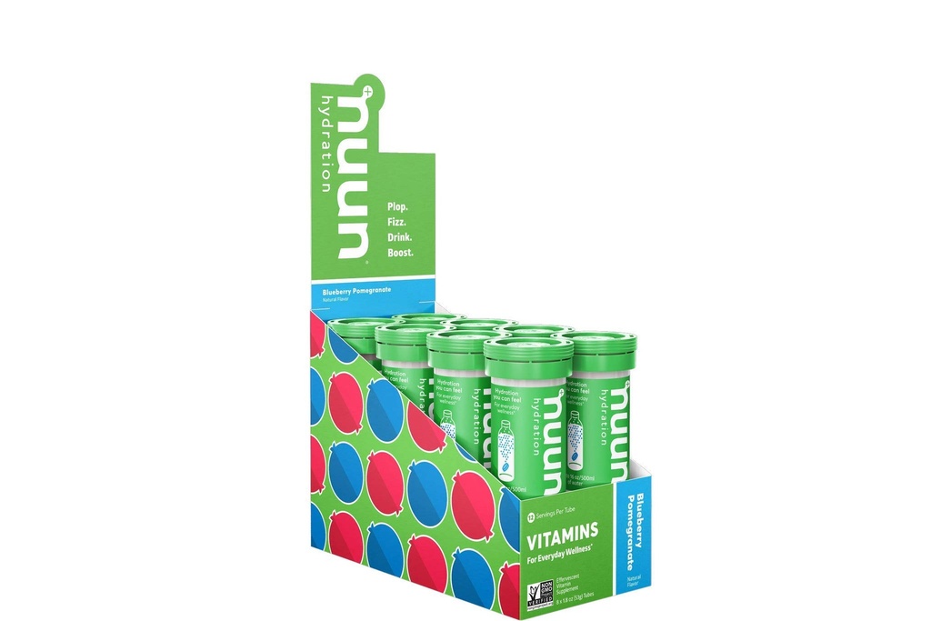 Nuun Vitamini Elektrolitske tablete z vitaminom D, C, E, A, & B6, Folna kislina, Magnezij & 4 drugi Esencialni elektroliti, Gluten Free & Vegan, borovničev granat, 8 Pack (96 Servings skupaj)