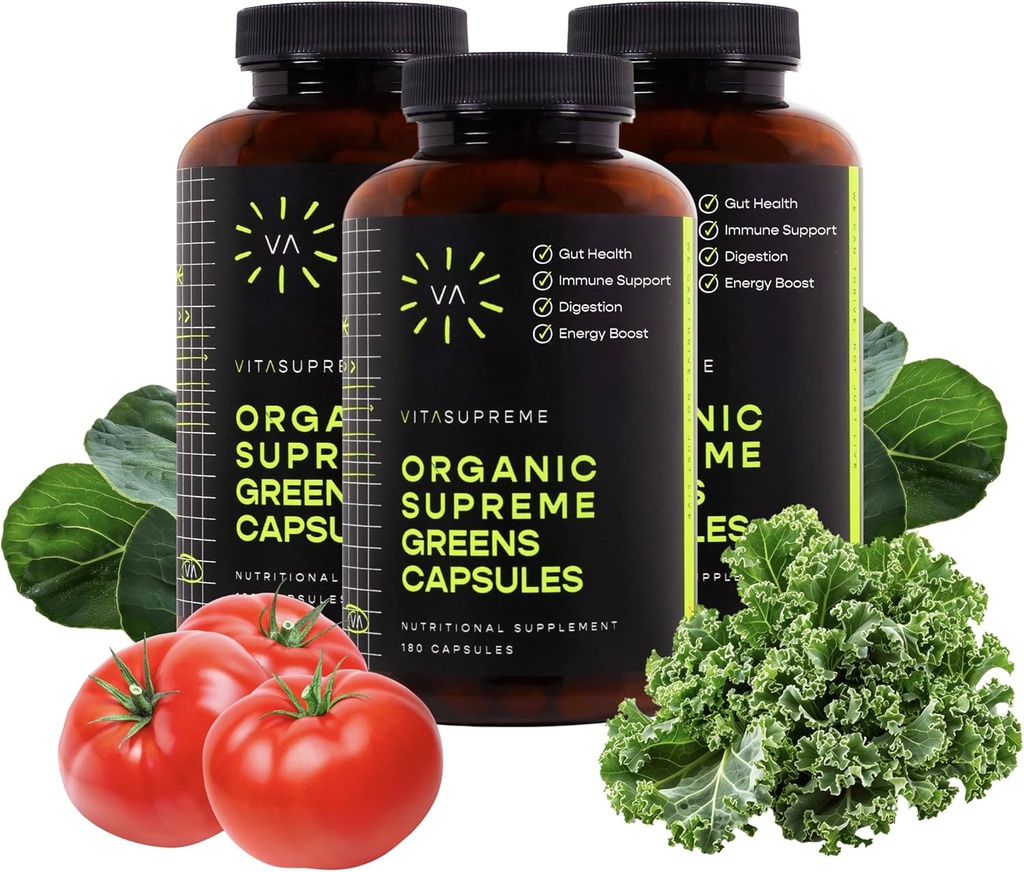 Vita Supreme Organic Super Greens Superfood kapsula, prehranska dopolnila za Gut Health, Imunska podpora, Prebava, Energija, in več (Ne-GMO, Keto, Vegan) 180 kapsul, 3 pakiranja