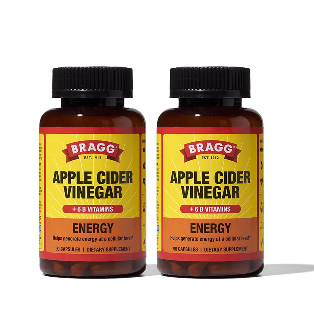Bragg Energy Apple Cider Vinegar Kapsule z B-12 vitamini - 90 kapsul (2 pakiranji) – Upravljanje teže - Ne-GMO, Vegan, Gluten brezplačno - pomaga ustvarjati energijo na celični ravni za moške in ženske