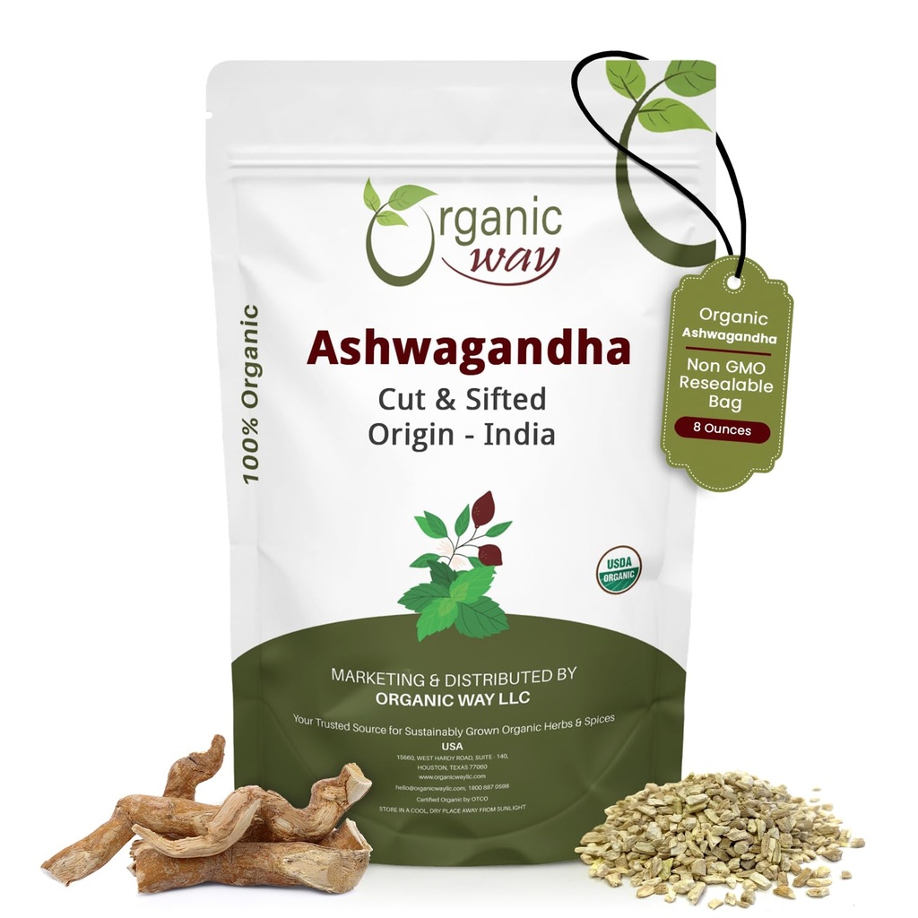 Organic Way Ashwagandha Root Cut & Sifted (Witania Somnifera) - Organic & Kosher Certified 