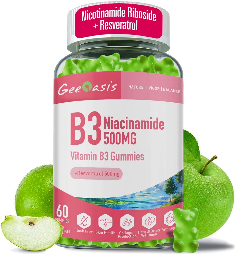 Niacinamid 500mg Gumies, žvečljivi vitamin B3 dodatek z Resveratrol 500mg, Niacin visoke jakosti za antioksidant, zdravje kože in možganov, Imunska podpora, Vegan Apple Flavor, 60 Število