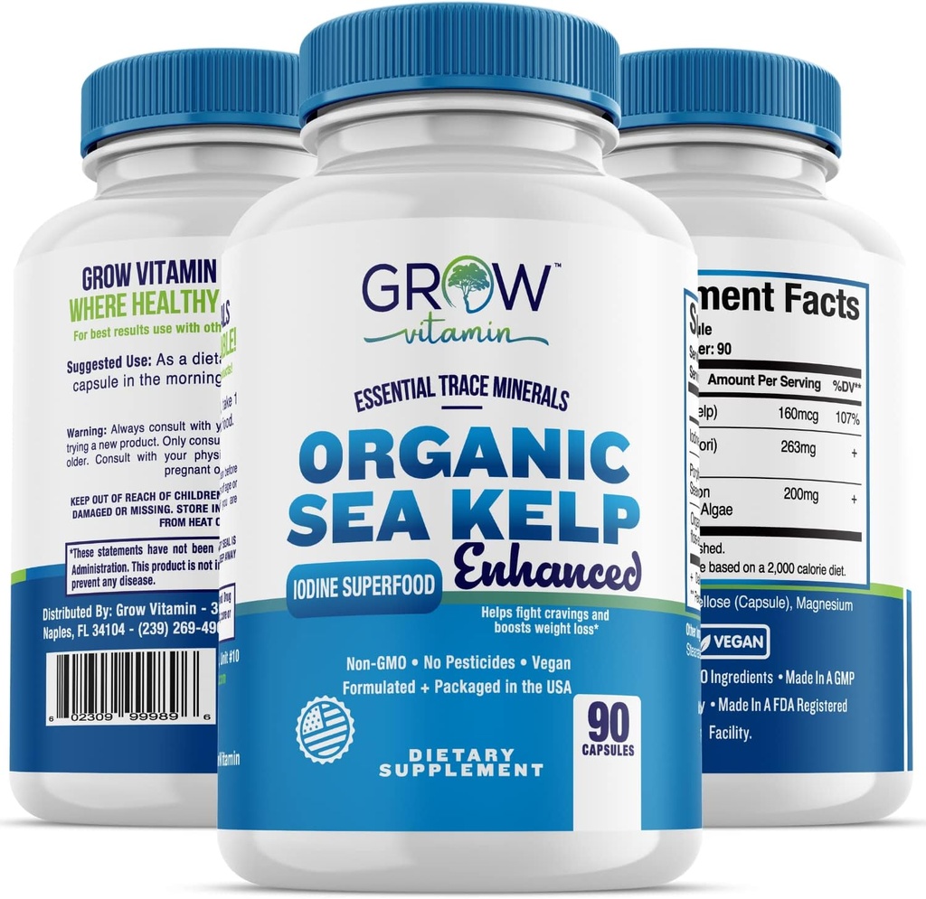 Okrepljen organski morski Kelp (Icelandic) - Čista podpora za zdravo ščitnico Natural Jodine Supplement w/Organic Sea Kelp, modro-zeleni alge in rdeče alge - Imunski sistem in presnovna podpora - 90 kapsul