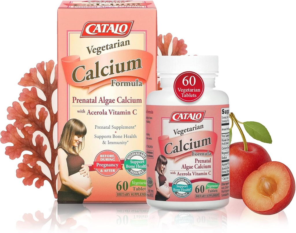 CATALO Vegetarian Calcium Formula, na rastlinah osnovan kalcij rdeče alge z naravnim vitaminom C, enostaven za prebavo, mineralno-rih za vsakodnevno prehrano, idealen za nosečnost in dojenje - 90 tablet