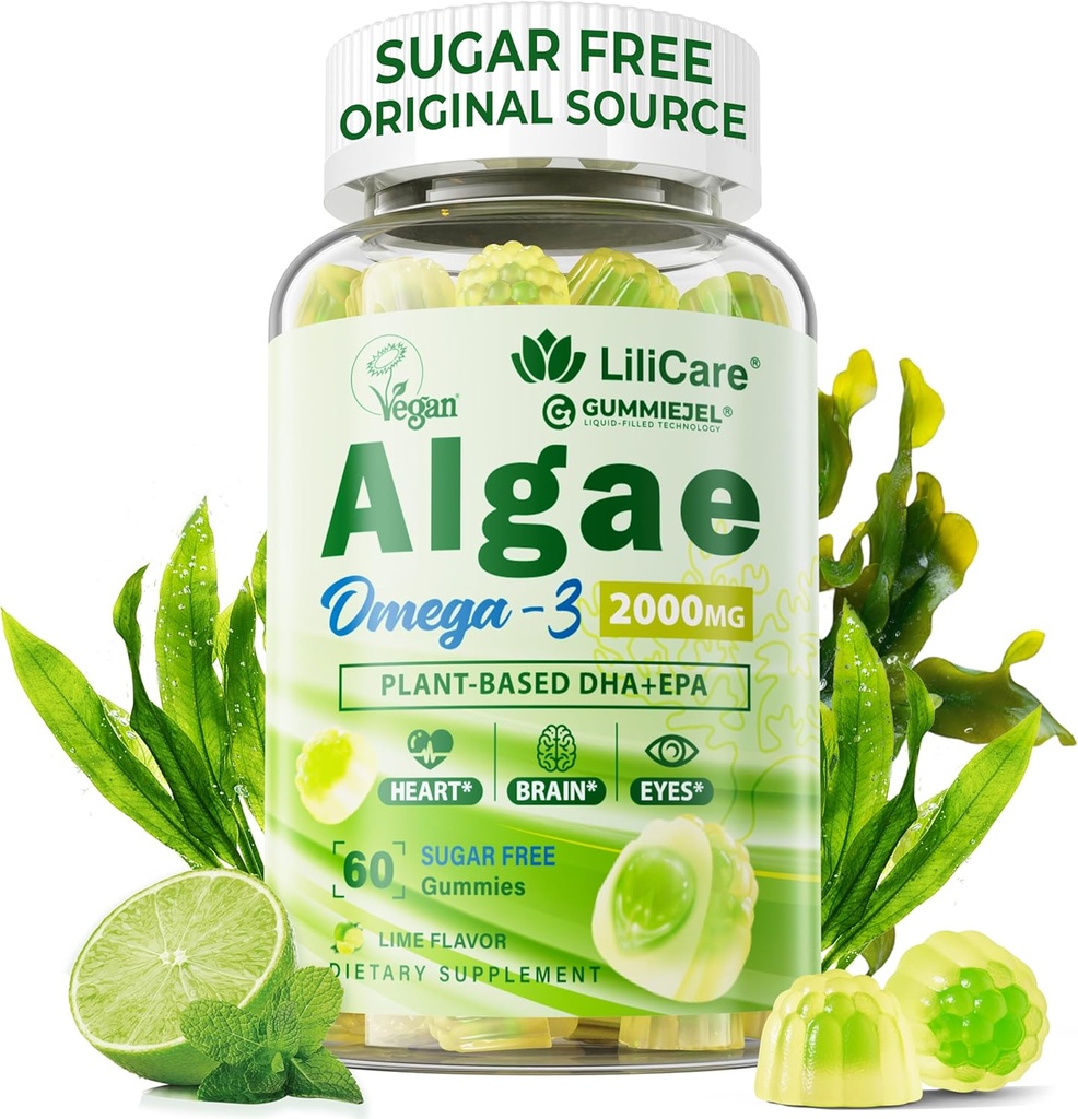Omega 3 Gumies 2200mg iz olja alg (DHA 640mg & EPA 290mg) za ženske in moške, Vegan Omega 3 ribje olje Alternative, w/CoQ10, astaksantin, vitamin A, E, D3 za možgane, oči, antioksidant, sladkor brez, 1Pack