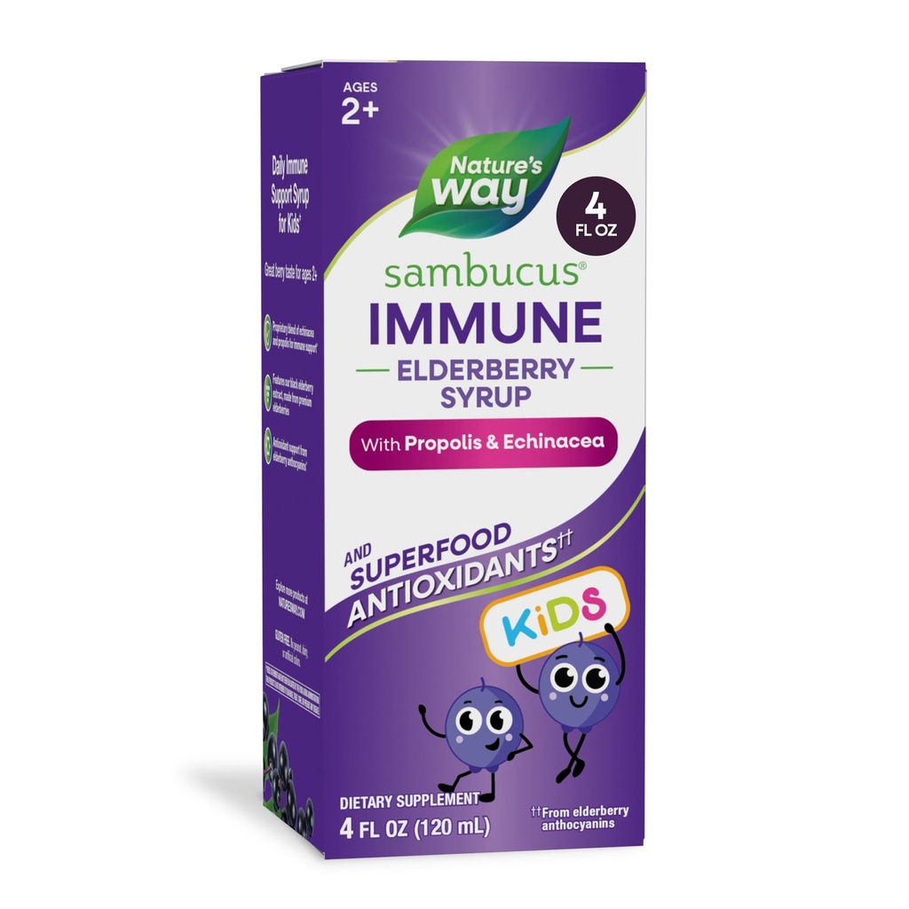 Naravne poti Sambucus Elderberry Immune Syrup za otroke starosti 2+, z Echinacea & Propolis, Immune Support Syrup*, Vegetarian, Berry Flavored, 4 Fl Oz