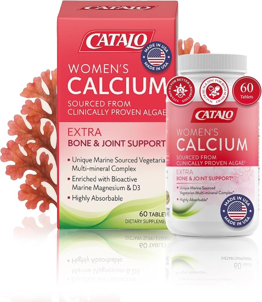 CATALO ženski kalcij z AquaminTM Red Algae - rastlinsko-osnovni morski kalcij dodatek z vitaminom D3, magnezij & cink - visoka absorpcijska formula - 60 tablet