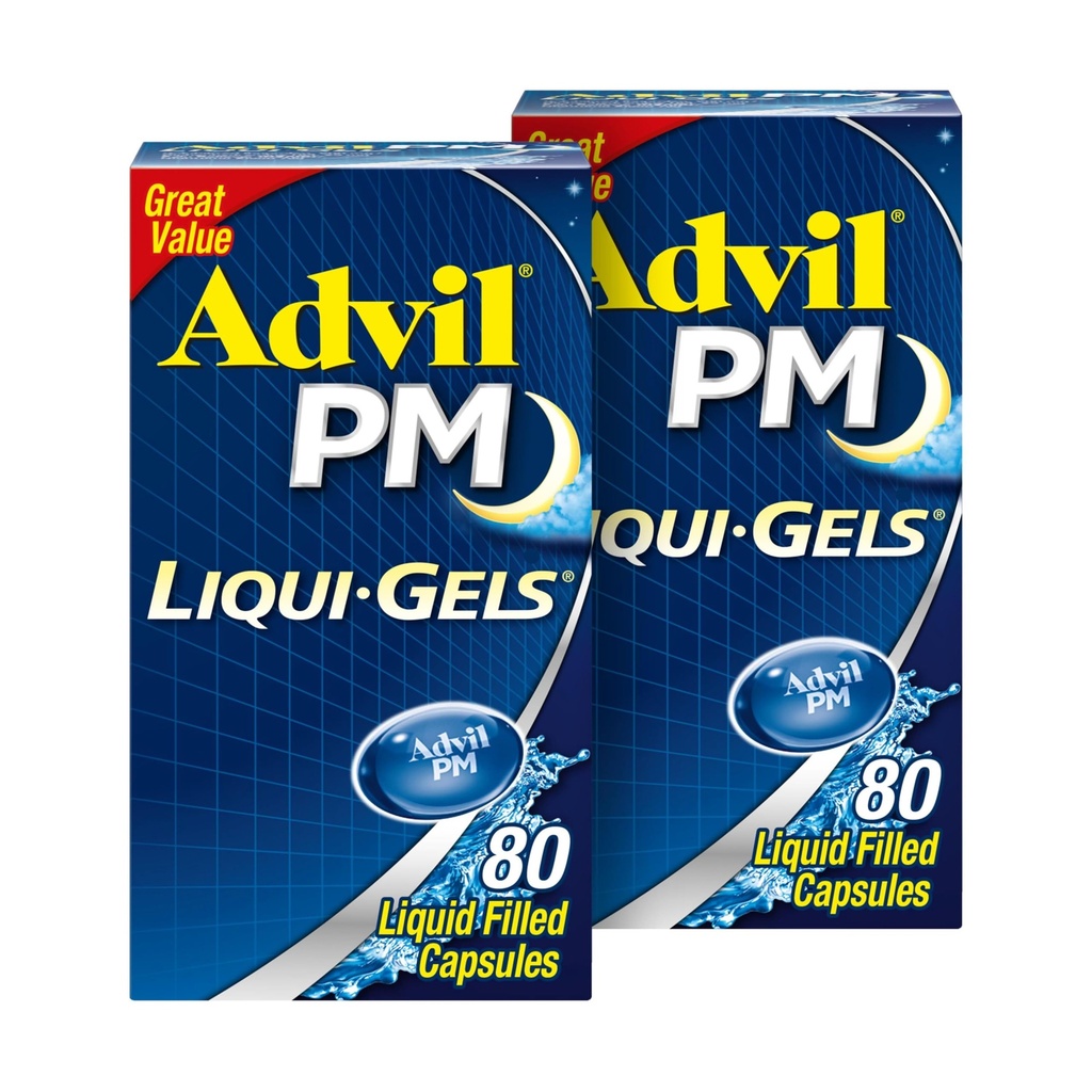 Advil PM Liqui-Gels Pain Reliever in nočno spanje Aid, Pain Medicine z Ibuprofen za lajšanje bolečine in difenhidramin HCL za pomoč v spanju - 2x80 tekoče napolnjene kapsule