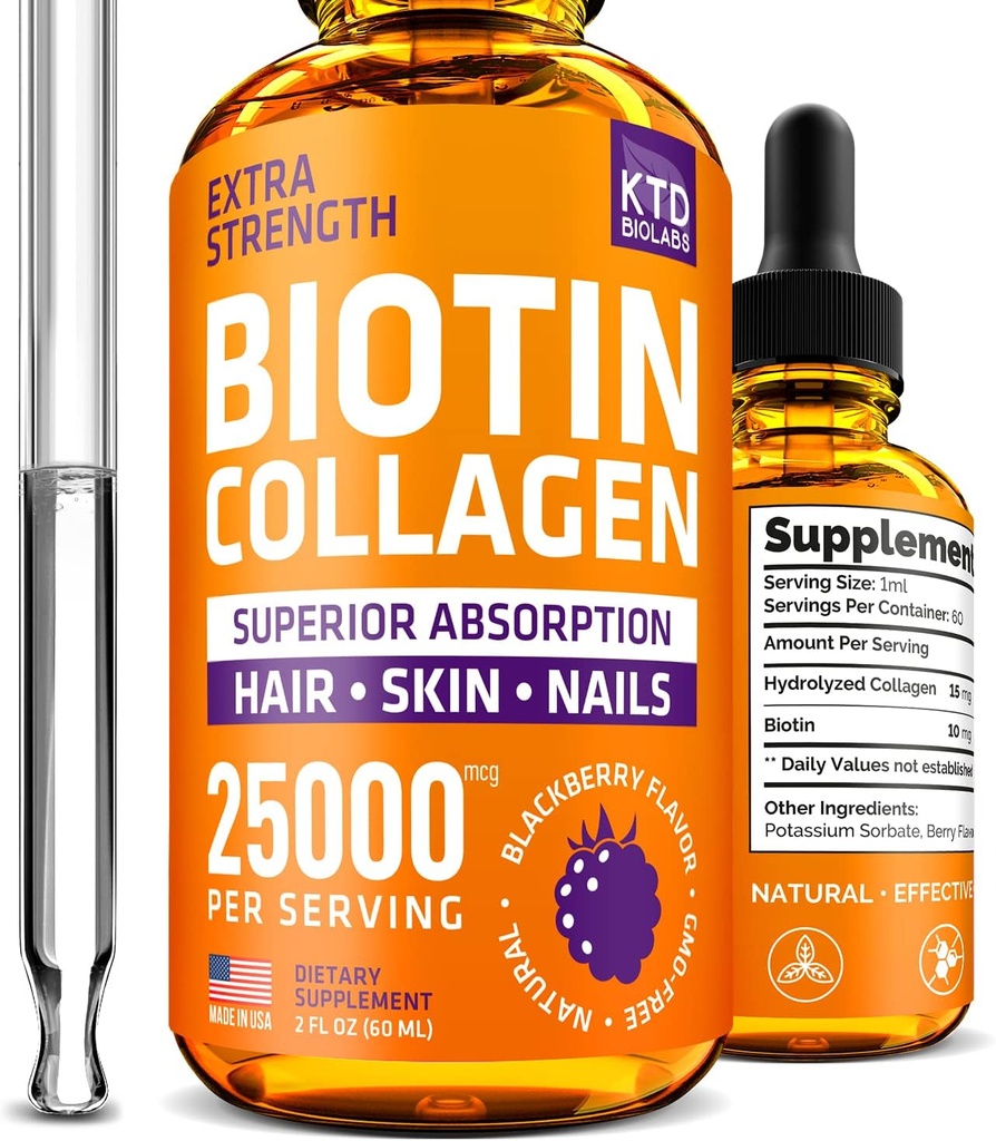 Tekoči kolagen in biotin kapljice za rast las 25,000 mcg - Izdelano v ZDA Collagen & Biotin Vitamini za lase kože in nohte - Hidrolizirano kolagen in Biotin dodatek za ženske in moške