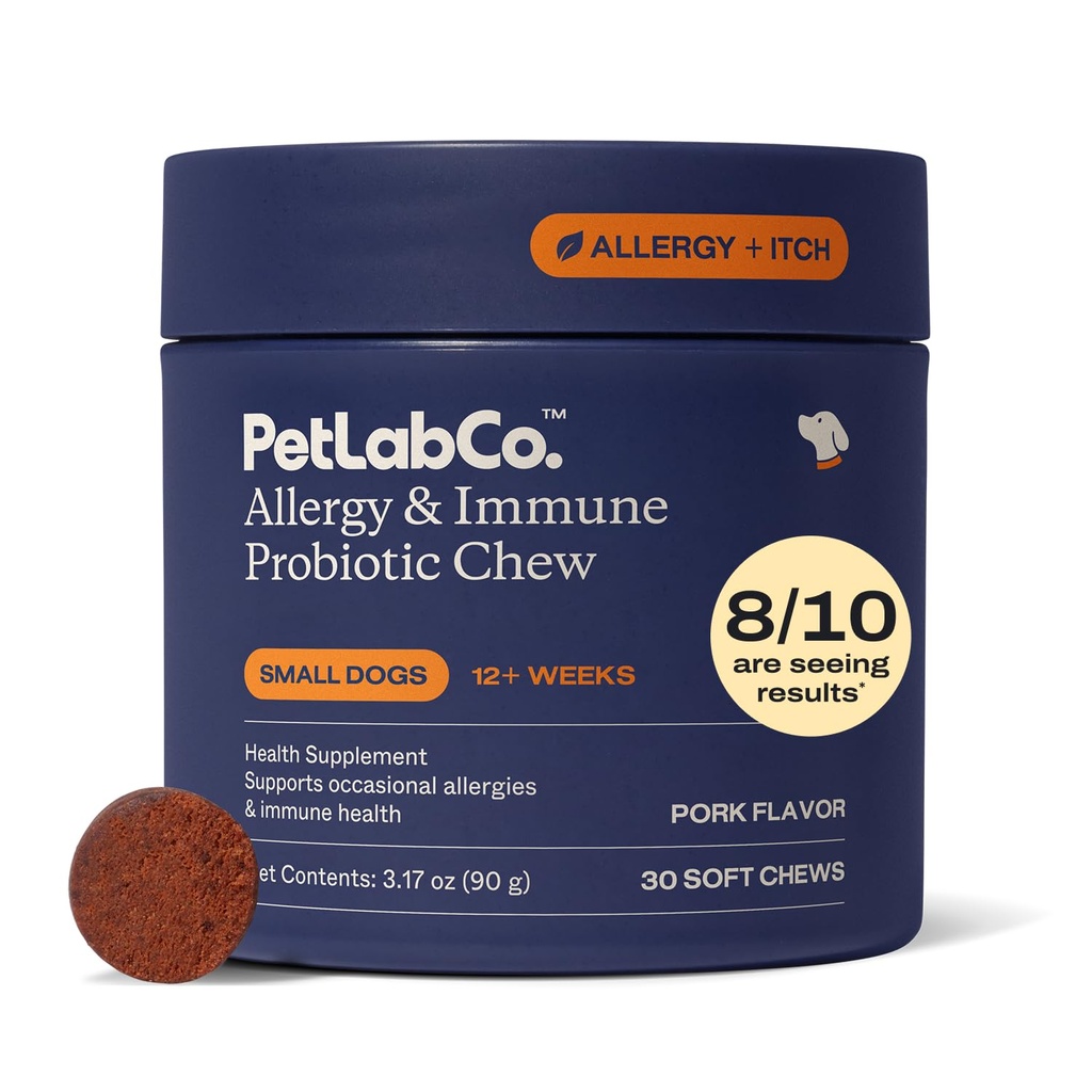 PetLab Co. Alergy & Immune Daily Probiotics za pse. Podpira proizvodnjo kvasa, Sezonske alergije, Intermitentna srbenje, Gut & Digestive Health - 30 Chews za majhne pse - pakiranje lahko Vary