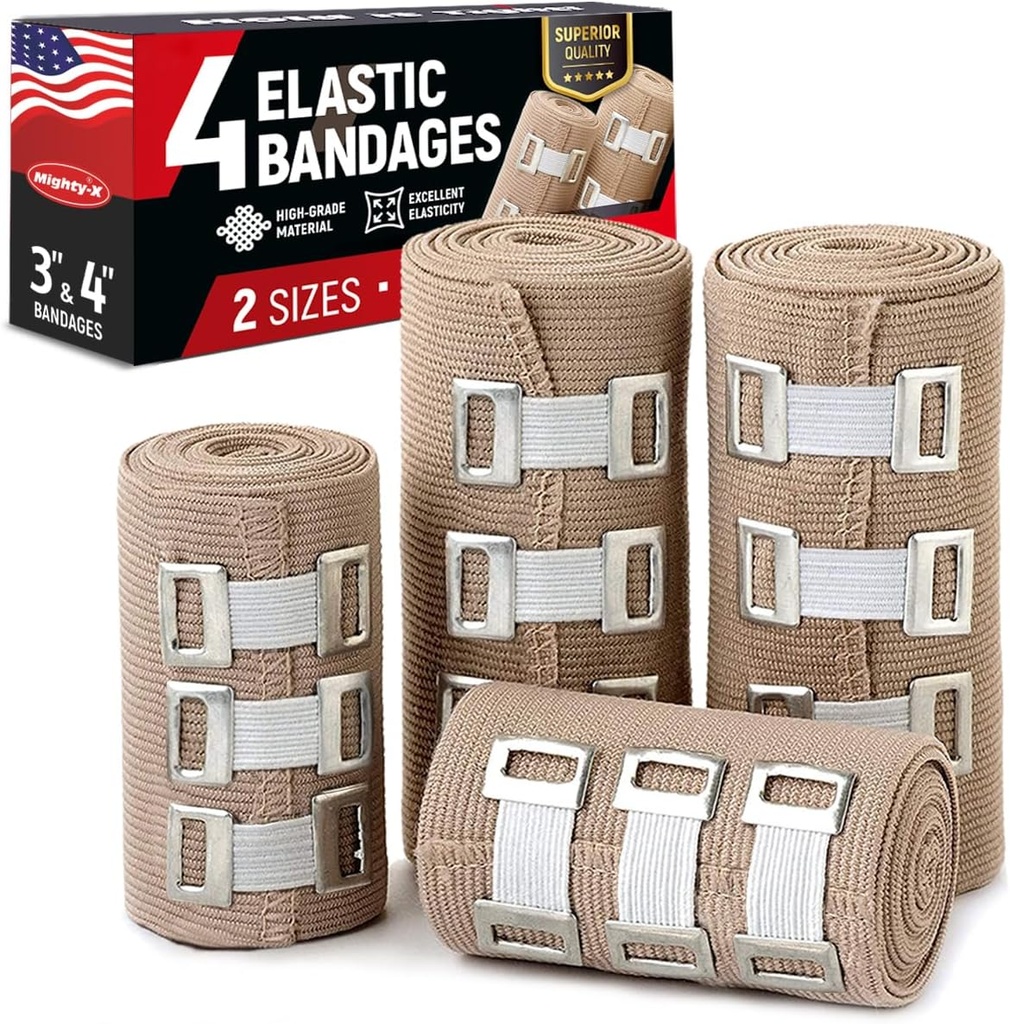 Premium elastični ovitek za obroče - 4pk (2x3in, 2x4in) + 12 dodatnih sponk - močan zavihek za zapestja, kolena in kolena