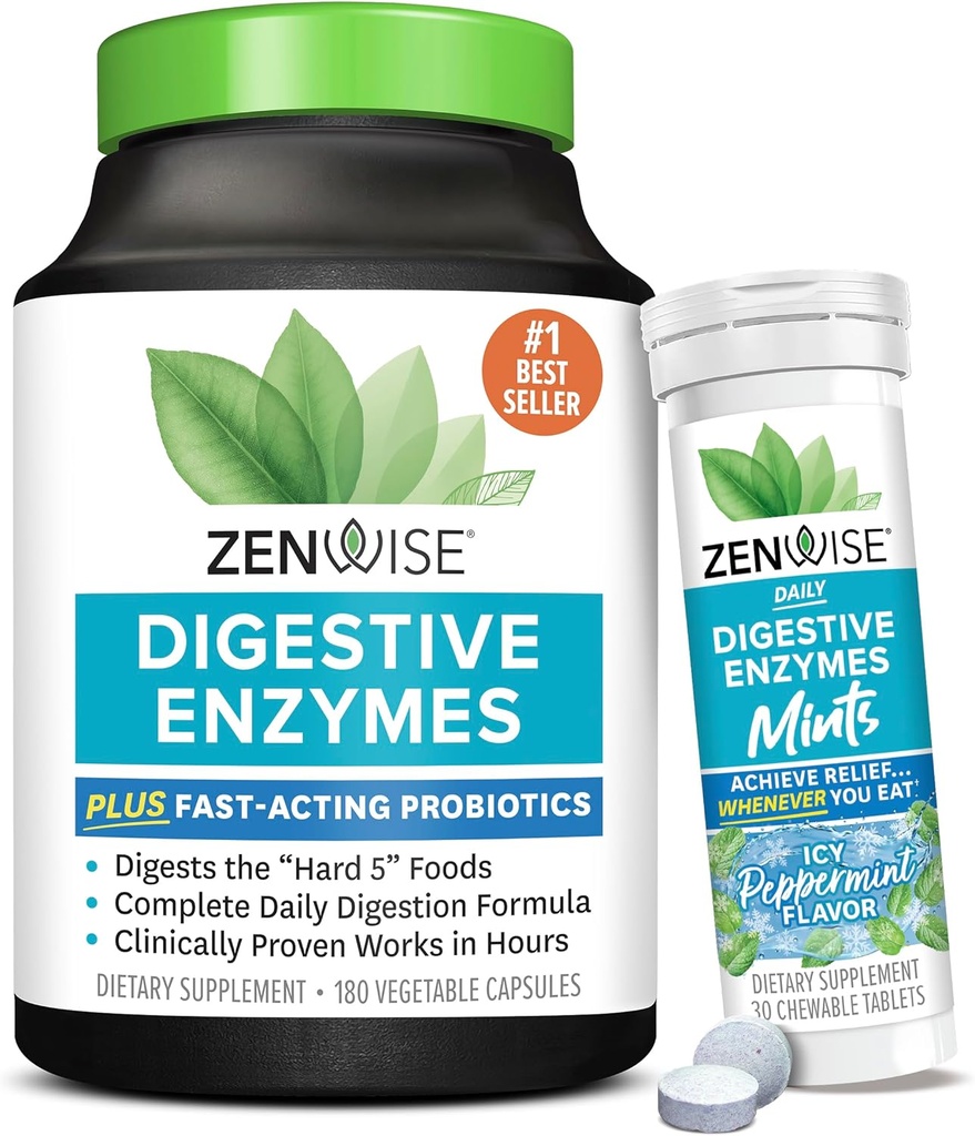 Zenwise zdravje Prebavne encimi in peppermint žvečljivi – Prebavne encimi, probiotične multi Encimi s probiotiki za ženske in moške v kapsulah in prijetno žvečljivi pepermint
