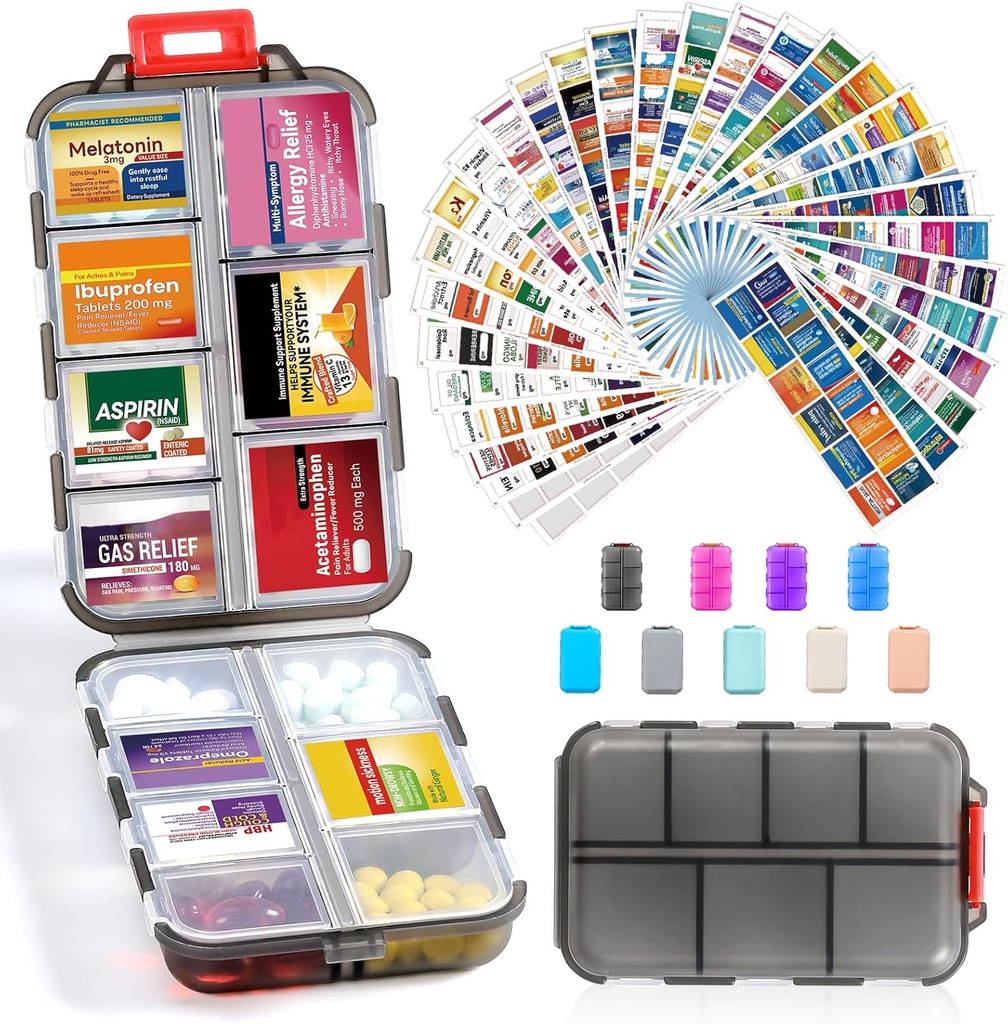 14 Mreže Travel tablete Organizator Box z 415-Pcs Medicine Ime Nalepke - žepni dnevni Lekarna Case Container Kit - Travel Medicinal Holder Dispenser for Fish Oil Vitamin Supplement shranjevanje - Čista siva
