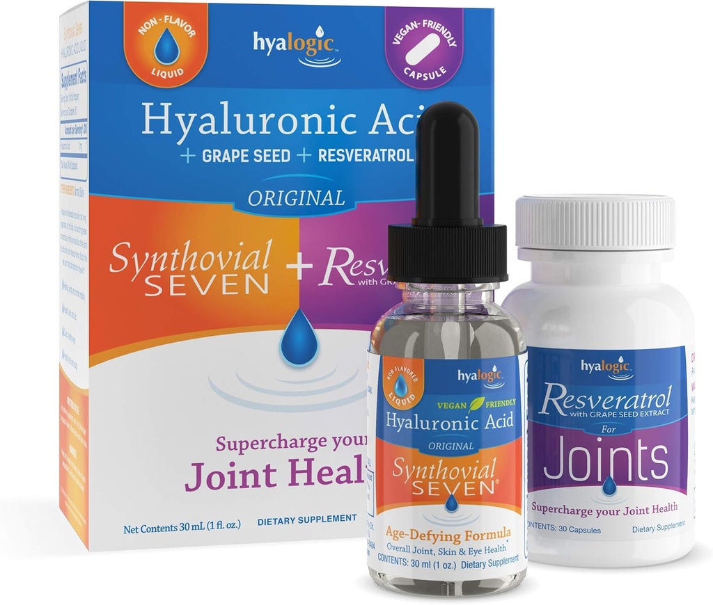 Hyalogic Synthovial Seven Hyaluronic Acid Tekočih in Resveratrol Kapsule - HA skupna podpora - Vegan - 1 oz