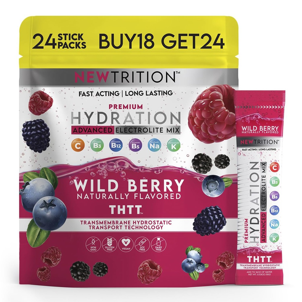Hidracija v prahu, Wild Berry Pack 24 Electrolyte Powder Packets, naravno arome Hydrating Packets za vodo, hitro delujoči Hidrat Elektroliti z vitamini B & C, energetika in regeneracija