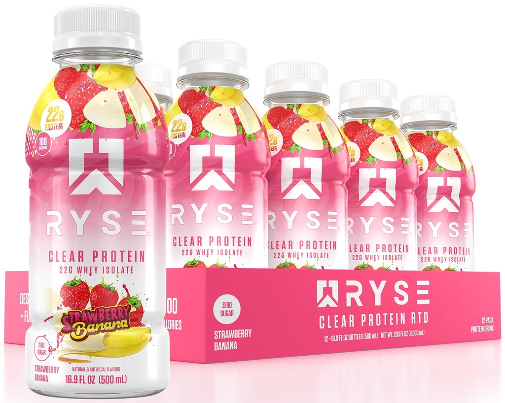 RYSE Clear Protein Drink - Jagodna banana - 100 kalorij, 22g sirotkinega izolata Protein Shake, Sugar-free, 0g Maščoba in laktoza-free - Osvežitev Beverage Ready to-Drink - 16,9 fl oz steklenice (12-Pack)