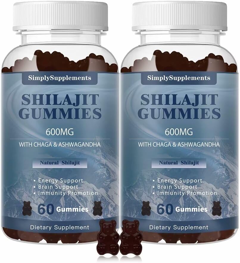 Shilajit Gumies 600mg, Shilajit dodatek s Trace minerali & Fulvic kislina za energijo in imuniteto podporo, Organic Shilajit Resin za moške in ženske, Vegan, 60 Gummies (2 paket)