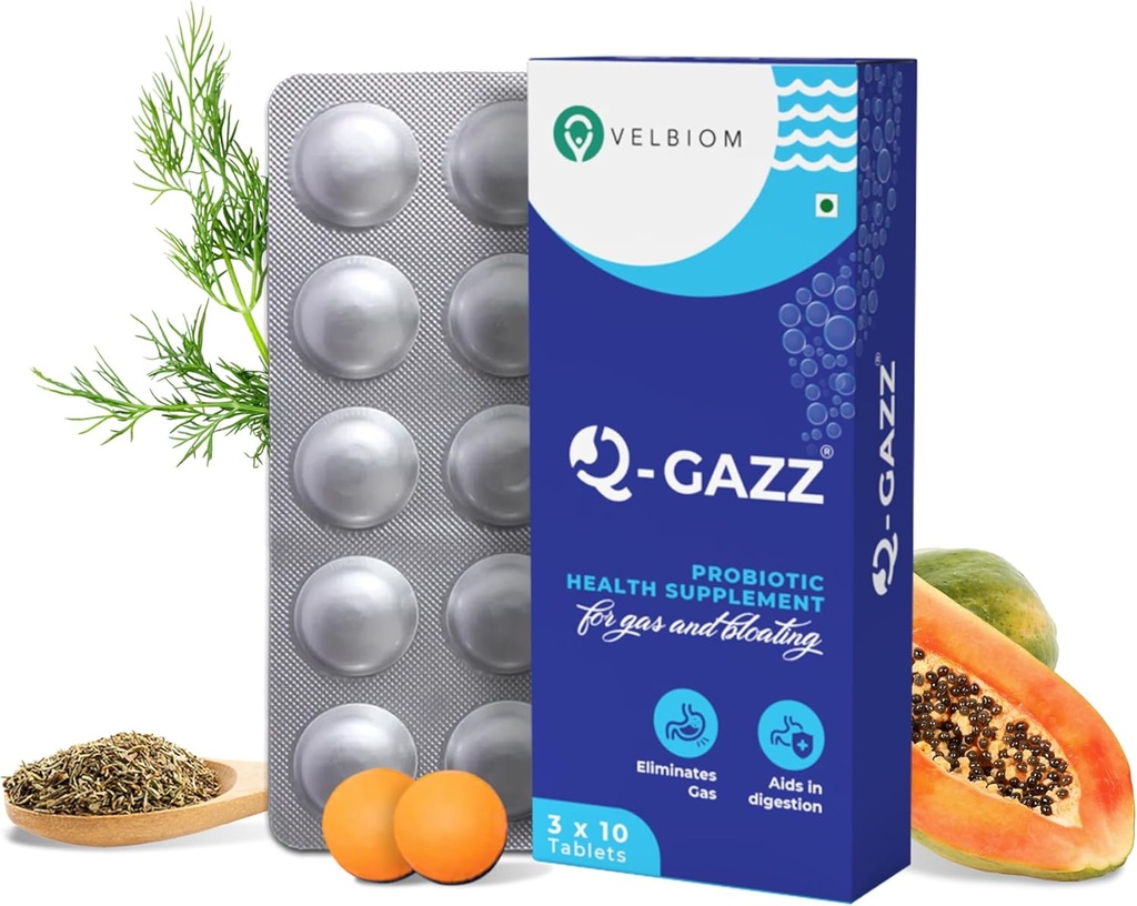 Q-Gazz pomaga v plinu, napihnjenost in prebavne motnje klinično dokazano edinstveno mešanico probiotikov, karminativnih olj in prebavnih encimov za moške in ženske, ki jih je oblikoval zdravnik - 30 tablet