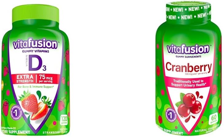 Vitafusion Extra Strength Vitamin D3 Gummy Jagoda z okusom kosti in imunske podpore (120 Count) + Cranberry Gummies za ženske v urinu zdravstveno podporo (60 Count)