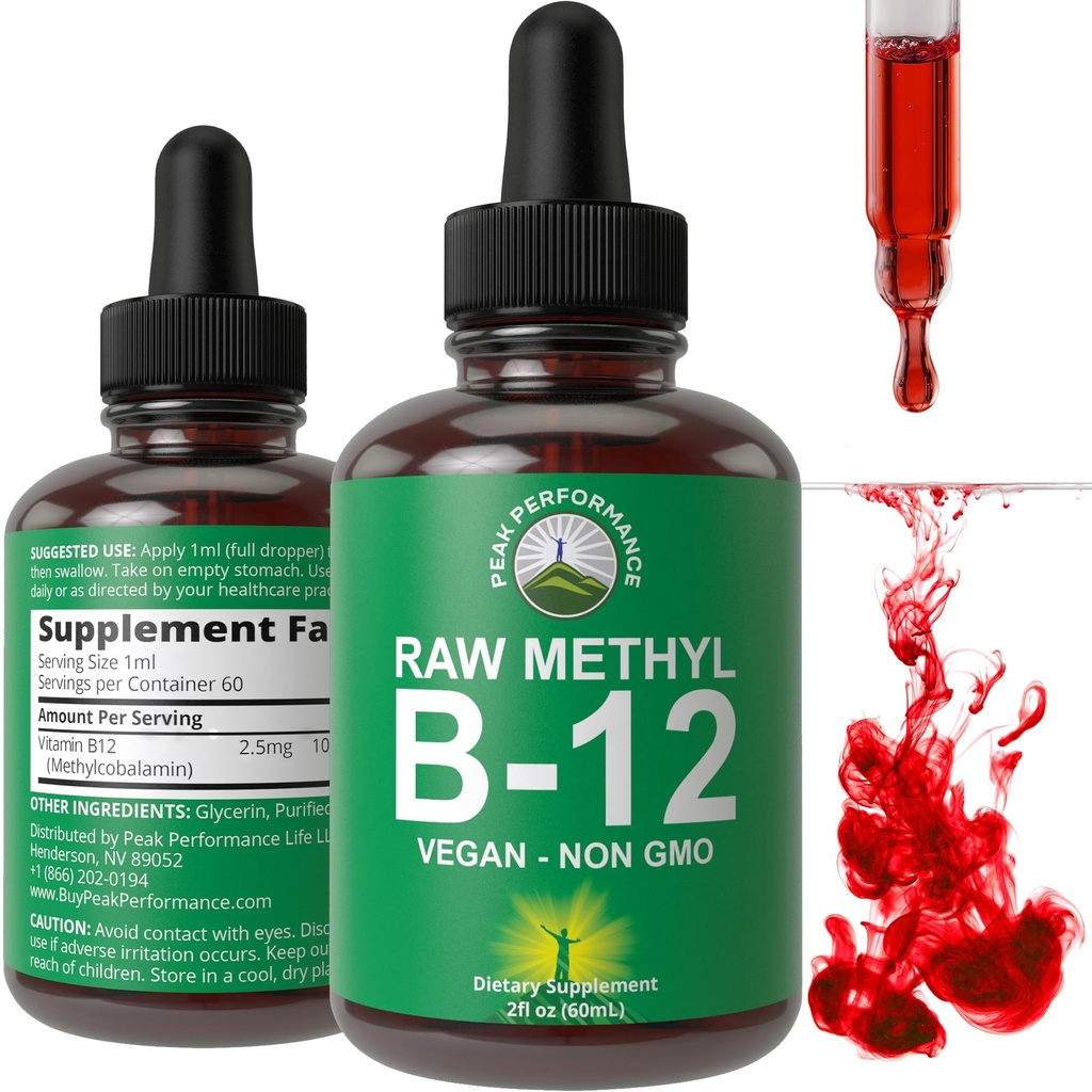 Raw Metil B12 Tekoči kapljice. Podjezično hitro deluje Advanced Vegan B 12 Liquid Vitamin dodatek. Visoka biološka uporabnost Metilkobalamin B-12 Vitamini za energijo, fokus in olajšanje. za moške + ženske