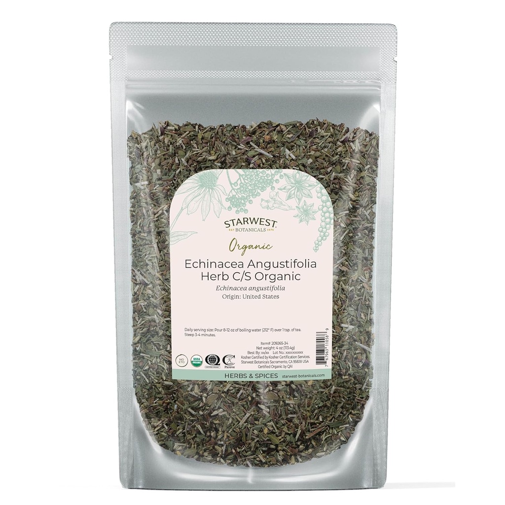Starwest Botanicals Suhi Echinacea Angustifolia Organic - Loose Leaf Herb za čaj, Tinkture, & Natural Zeliščne mešanice, cut & Sifted, Certified Kosher, Non-GMO - 4 oz Pouch