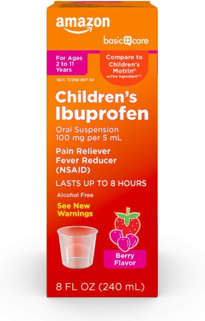 Peroralna suspenzija Ibuprofena pri otrocih, 100 mg na 5 ml, Reliever bolečine in reduktor zvišane telesne temperature, Berry Flavor, za boleče grlo, lajšanje glavobola in več, 8 fl oz (Pack po 1)