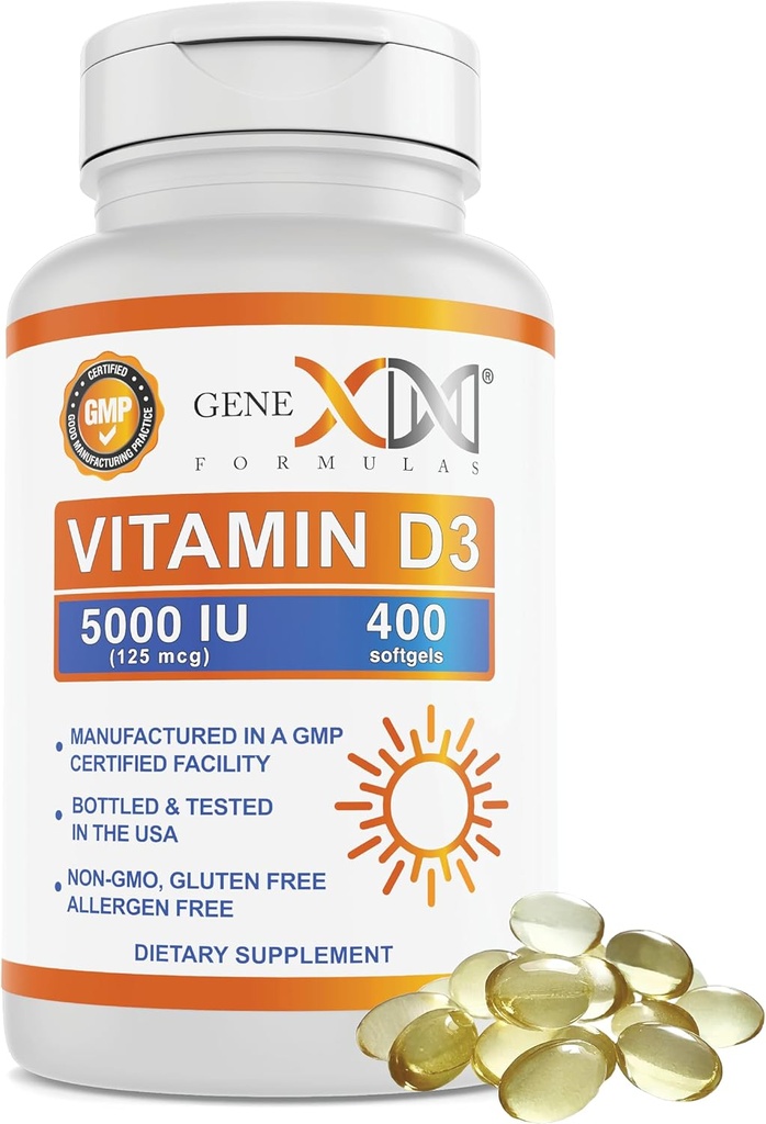 Genex formule Vitamin D3 5000IU (400 Softgels) Naravna podpora za zdravje kosti in živcev funkcijo - Ne-GMO, Gluten brezplačno, Alergen-free