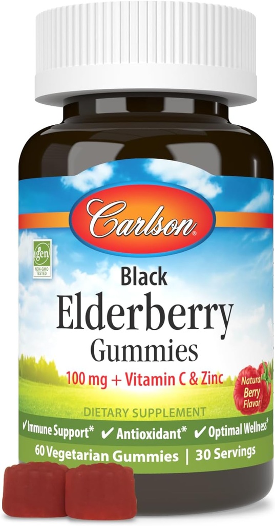 Carlson - Black Elderberry Gummies, z vitaminom C & cink, Imunska podpora, 60 Gummies