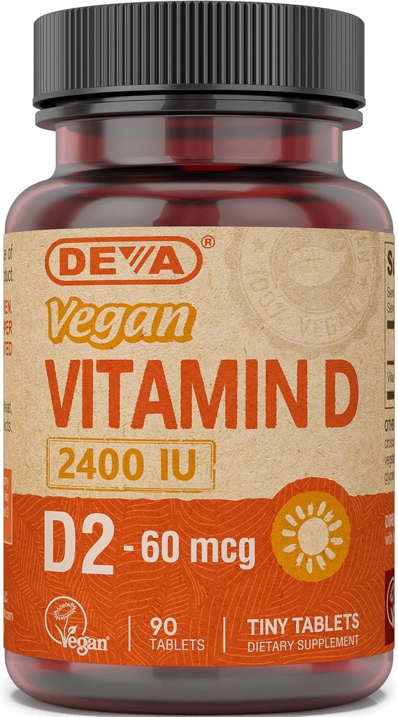 Deva Vegan Vitamin D2 60 μg 2400 i.e., Ergokalciferol dodatek brez živalskih sestavin, 90 tablet, 1-pak