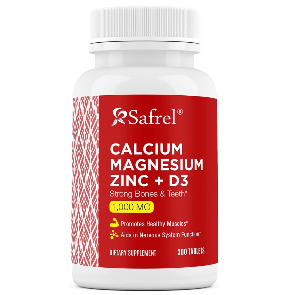 safral kalcijev magnezijev cink z vitaminom D3, 300 tabletami – kalcij 1000 mg, magnezij 400 mg, cink 20 mg in D3 600 i.e. na odmerek
