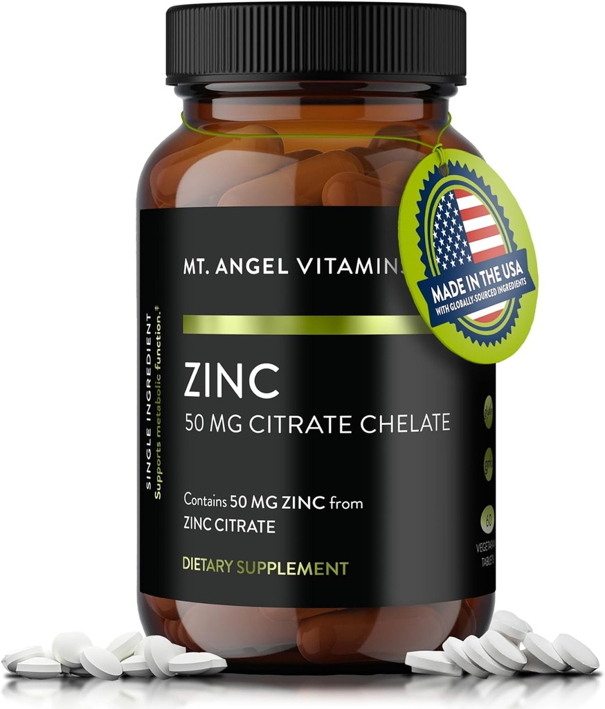 Mt. Angel Vitamini - Cink Citrat 50mg - Cink 50 mg Citrat Chelat - Naravni cink dodatki Made in USA - 60 vegetarijanske tablete