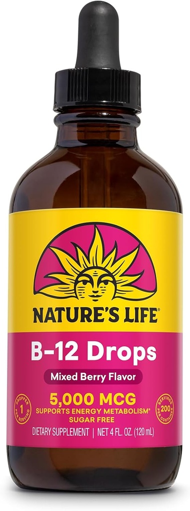 Življenje narave B12 Kapljice 5000 mcg - Vitamin B12 Metilkobalamin - Tekoči B12 dodatek za energijsko presnovo, živčno funkcijo in podporo rdečih krvnih celic Naravna mešana jagoda, sladkor brez (200 Serv, 4oz)